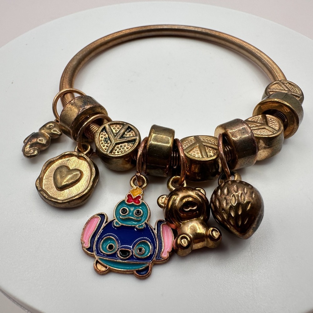 Vintage Y2K Gold Tone Peace Sign Expandable Charm Bracelet Women's Jewelry